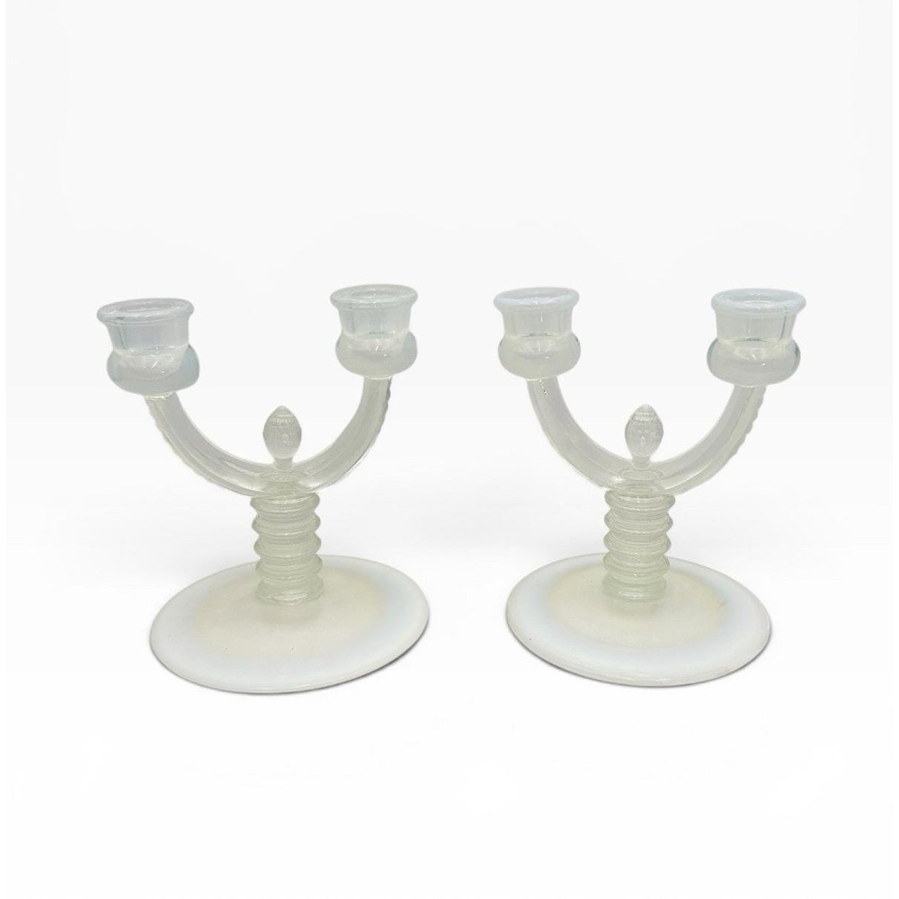 Pair Fenton French Opalescent‎ Pineapple Double Candelabras Ribbed Stunning VTG